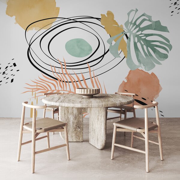 Fototapety Boho abstrakce, monstera a palmový list, zakřivené linie, skvrna, geometrická, topografická,, Fototapety moderní, w01256 : uwalls.cz