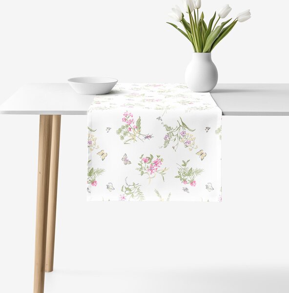 Goldea běhoun na stůl 100% bavlněné plátno - barevné luční květiny na bílém 35x140 cm