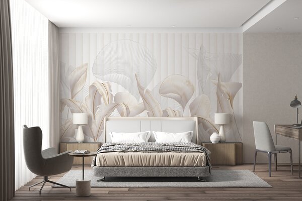 Fototapety Pohled zblízka na tropické listy na bílém pozadí s texturovaným pozadím, Fototapety příroda, Fototapety listy, w01237 : uwalls.cz