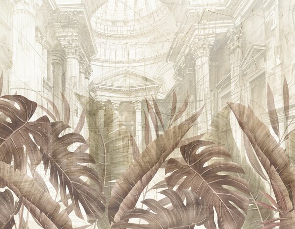 Fototapety Velkolepé kresby zdobené architektonickými mramorovými sloupy a bujné tropické rostliny sépie , Fototapety příroda, w01311v1 : uwalls.cz
