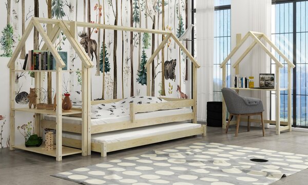 Dětská domečková postel z masivu borovice LUCKY HOUSE s přistýlkou - 200x90 cm - přírodní