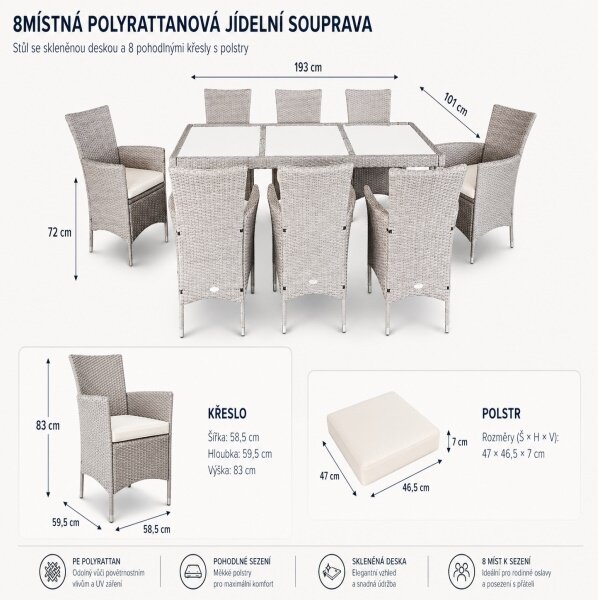 Zahradní ratanová sestava JANINA 17-dílná sedací souprava šedá