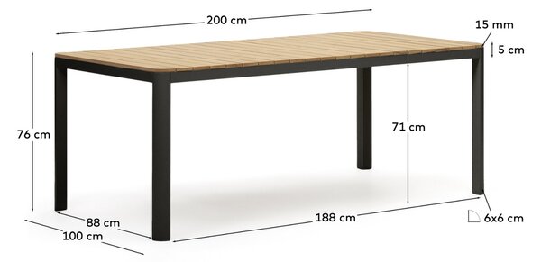 Teakový zahradní jídelní stůl Kave Home Bona s černou podnoží 200 x 100 cm