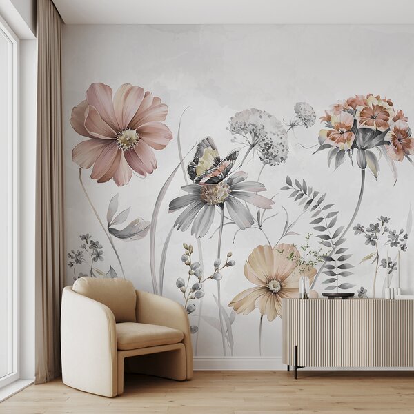 Fototapety Velké jemné květiny a rostliny s motýly, Fototapety akvarel, w07905v1 : uwalls.cz