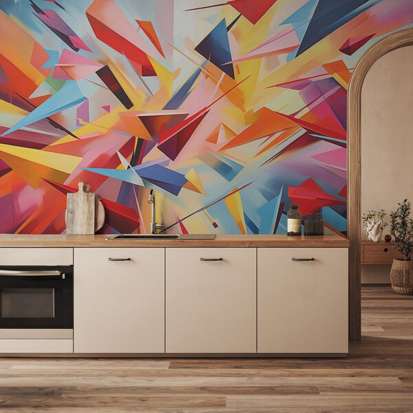 Fototapety Chaotická abstrakce geometrických tvarů, růžová, modrá, žlutá, Fototapety 3D, Fototapety 3d geometrické tvary, w08030 : uwalls.cz
