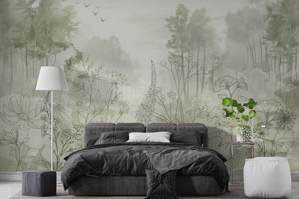 Fototapety Lesní krajina s divokými květinami, čárová grafika, realismus, stromy,, Fototapety dětské, Fototapety dětské les, w08142v1 : uwalls.cz