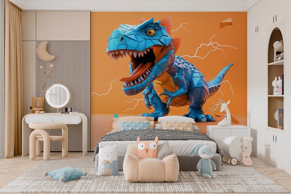 Fototapety Divoký dinosaurus s úderem blesku ve žluté a modré barvě, Fototapety dětské, Fototapety dinosauři, w01333v1 : uwalls.cz