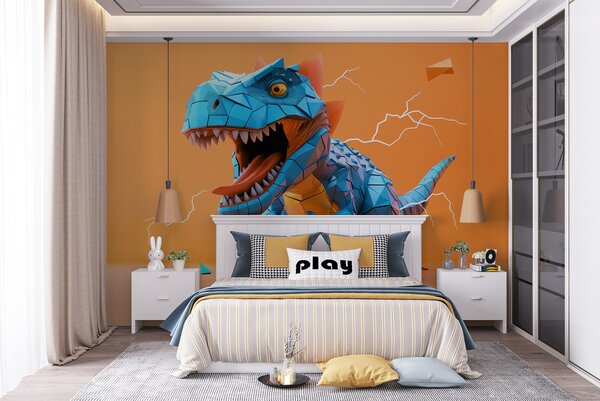 Fototapety Divoký dinosaurus s úderem blesku ve žluté a modré barvě, Fototapety dětské, Fototapety dinosauři, w01333v1 : uwalls.cz