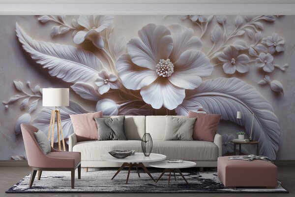 Fototapety 3D reliéfní nástěnné umění s peřím a květinami s velkým mákem ve světle, Fototapety 3D, Fototapety 3d květiny, w01340v1 : uwalls.cz