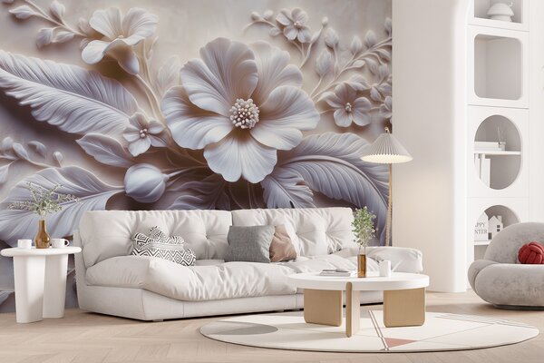 Fototapety 3D reliéfní nástěnné umění s peřím a květinami s velkým mákem ve světle, Fototapety 3D, Fototapety 3d květiny, w01340v1 : uwalls.cz