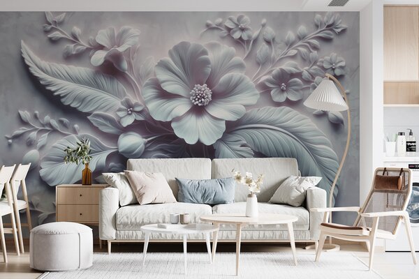 Fototapety 3D reliéfní nástěnné umění s peřím a květinami s velkým mákem ve světle, Fototapety 3D, Fototapety 3d květiny, w01340v2 : uwalls.cz