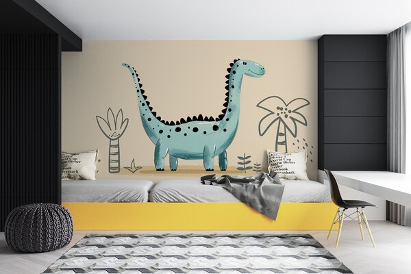Fototapeta Kreslený dinosaurus s rostlinami a listy, Fototapety s dinosaury, Populární fototapety, w01357v1 - Tapeko.co.cz