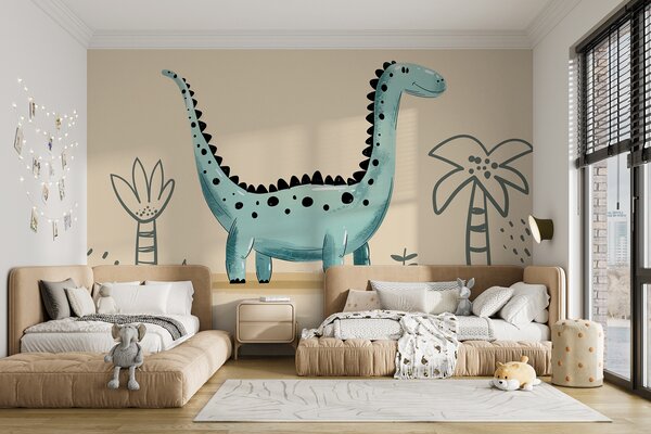 Fototapeta Kreslený dinosaurus s rostlinami a listy, Fototapety s dinosaury, Populární fototapety, w01357v1 - Tapeko.co.cz