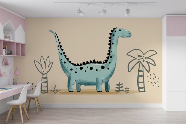 Fototapeta Kreslený dinosaurus s rostlinami a listy, Fototapety s dinosaury, Populární fototapety, w01357v1 - Tapeko.co.cz