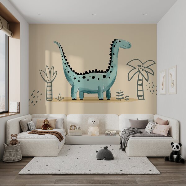 Fototapeta Kreslený dinosaurus s rostlinami a listy, Fototapety s dinosaury, Populární fototapety, w01357v1 - Tapeko.co.cz
