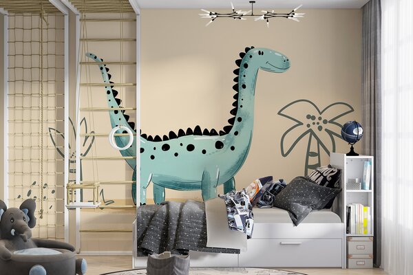 Fototapeta Kreslený dinosaurus s rostlinami a listy, Fototapety s dinosaury, Populární fototapety, w01357v1 - Tapeko.co.cz