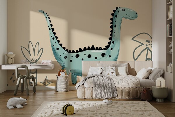 Fototapeta Kreslený dinosaurus s rostlinami a listy, Fototapety s dinosaury, Populární fototapety, w01357v1 - Tapeko.co.cz