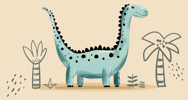 Fototapeta Kreslený dinosaurus s rostlinami a listy, Fototapety s dinosaury, Populární fototapety, w01357v1 - Tapeko.co.cz