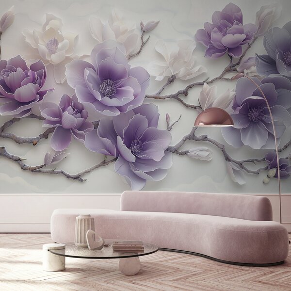 Fototapety Fialové reliéfní květy magnólie na elegantní větvi, Fototapety květiny, w01359 : uwalls.cz