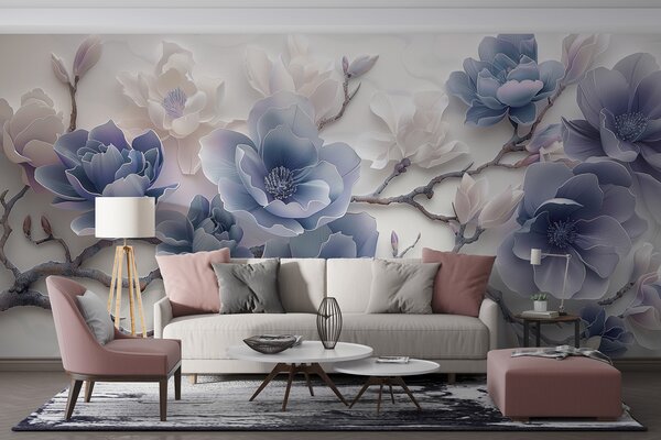 Fototapety Modré reliéfní květy magnólie na elegantní větvi, Fototapety květiny, w01359v1 : uwalls.cz