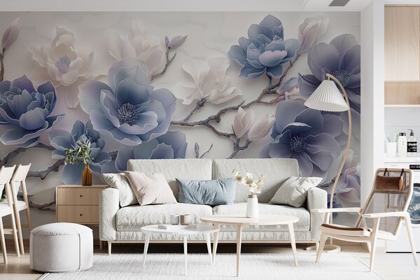 Fototapety Modré reliéfní květy magnólie na elegantní větvi, Fototapety květiny, w01359v1 : uwalls.cz