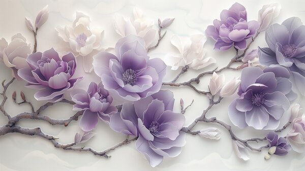 Fototapety Fialové reliéfní květy magnólie na elegantní větvi, Fototapety květiny, w01359 : uwalls.cz