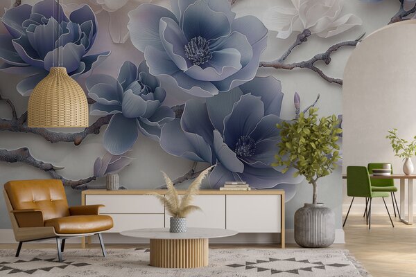 Fototapety Modré reliéfní květy magnólie na elegantní větvi, Fototapety květiny, w01359v1 : uwalls.cz