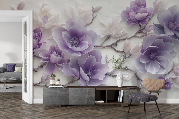 Fototapety Fialové reliéfní květy magnólie na elegantní větvi, Fototapety květiny, w01359 : uwalls.cz