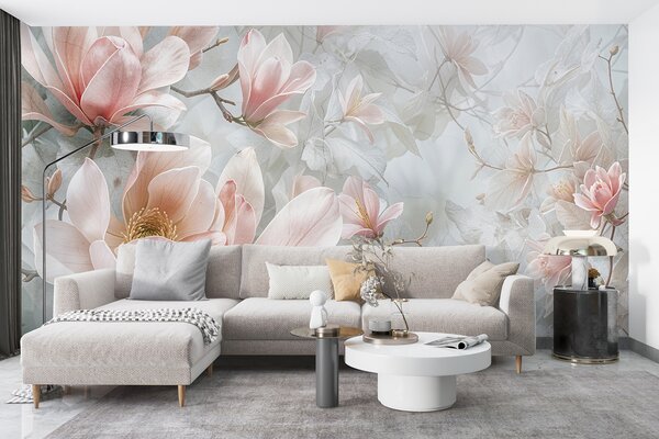 Fototapety Jemné růžové květy magnólie kvetoucí na měkkém, rozmazaném květinovém šedém pozadí, Fototapety květiny, w08192 : uwalls.cz