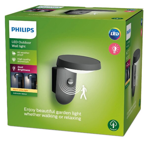 Tyla IR venkovní nástěnné LED svítidlo se senzorem 9W 820lm 2700K IP44, antracit