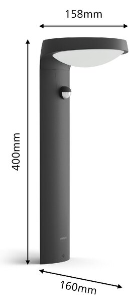 Tyla IR solární venkovní sloupkové LED svítidlo se senzorem 1,2W 255lm 4000K IP44 40cm, antracit