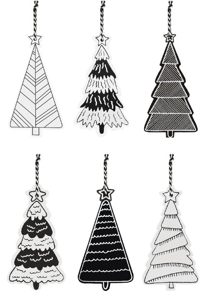 Tutumi, sada 12ks vánočních ozdob stromků 9cm na zavěšení KL-21X16, černá-bílá, CHR-00676