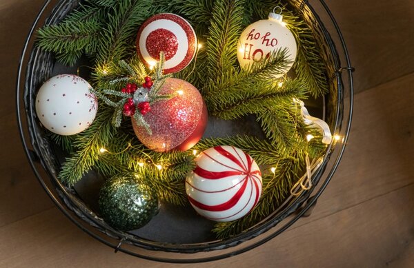 Set šesti červených skleněných a bílých vánočních ozdob J-Line Holly 8,5 cm