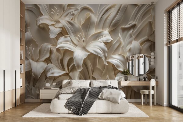 Fototapety Elegantní béžový 3D reliéf vyřezávaných lilií, Fototapety 3D, Fototapety 3d květiny, w01433 : uwalls.cz