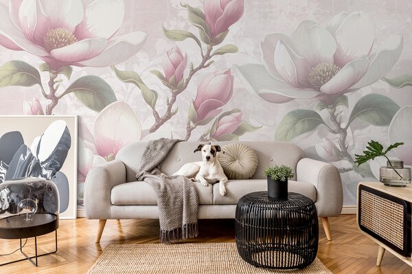 Fototapety Jemné růžové květy magnólie v plném květu na měkkém, rozmazaném pozadí, Fototapety květiny, w08216 : uwalls.cz