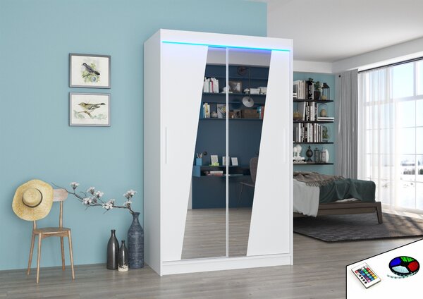 ADRK Šatní zrcadlová skříň posuvná s LED osvětlením TEXAS W 120 L, bílá