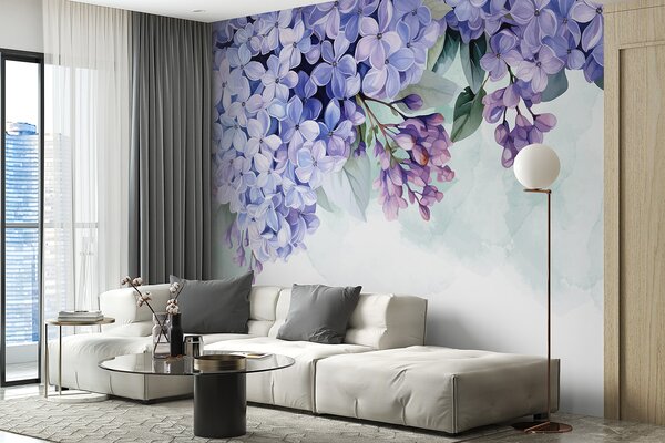 Fototapety Zářivé fialové květy hortenzie se zelenými listy, které vyplňují rám na měkkém, rozmazaném pozadí, Fototapety akvarel, w08223 : uwalls.cz