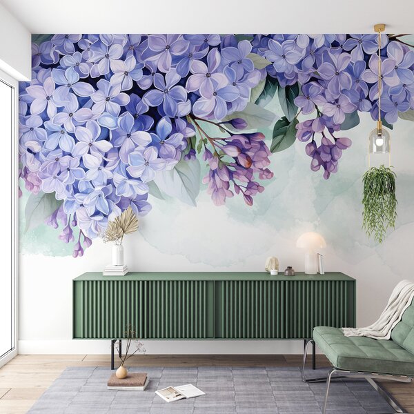 Fototapety Zářivé fialové květy hortenzie se zelenými listy, které vyplňují rám na měkkém, rozmazaném pozadí, Fototapety akvarel, w08223 : uwalls.cz