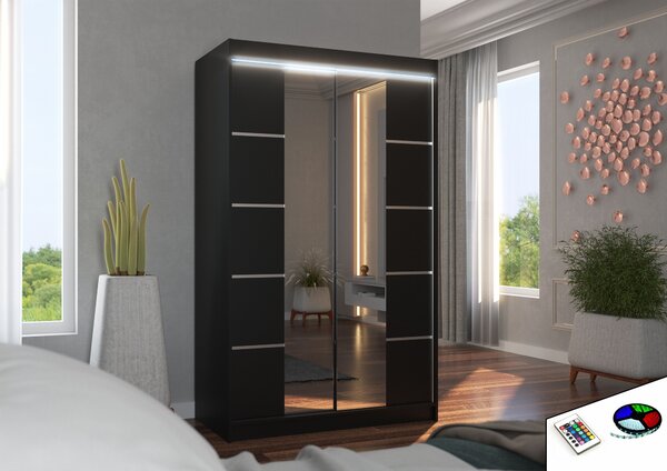 ADRK Šatní zrcadlová skříň posuvná s LED osvětlením GENUA B 120 L, černá