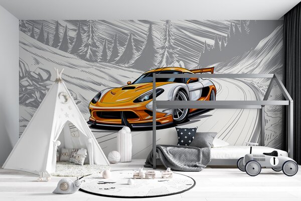 Fototapety Oranžové sportovní auto na šedém pozadí útržkovité silnice mezi horami a jedlemi. K výzdobě, Fototapety doprava, w00954 : uwalls.cz