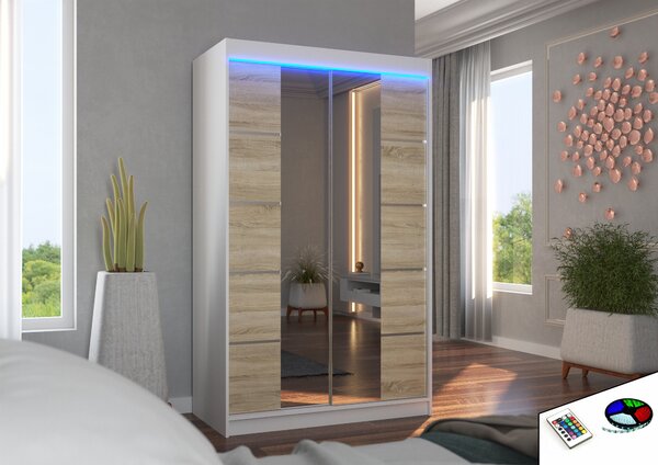ADRK Šatní zrcadlová skříň posuvná s LED osvětlením GENUA W-S 120 L, dub sonoma/bílá