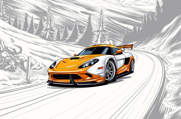 Fototapety Oranžové sportovní auto na šedém pozadí útržkovité silnice mezi horami a jedlemi. K výzdobě, Fototapety doprava, w00954 : uwalls.cz