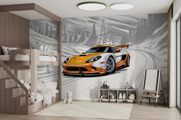 Fototapety Oranžové sportovní auto na šedém pozadí útržkovité silnice mezi horami a jedlemi. K výzdobě, Fototapety doprava, w00954 : uwalls.cz