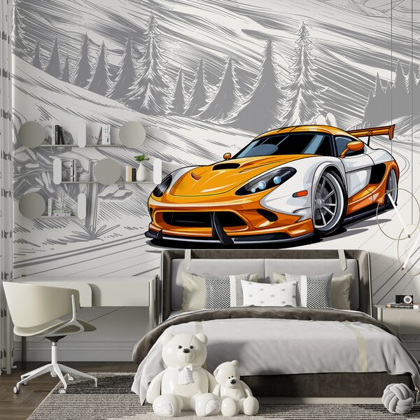 Fototapety Oranžové sportovní auto na šedém pozadí útržkovité silnice mezi horami a jedlemi. K výzdobě, Fototapety doprava, w00954 : uwalls.cz