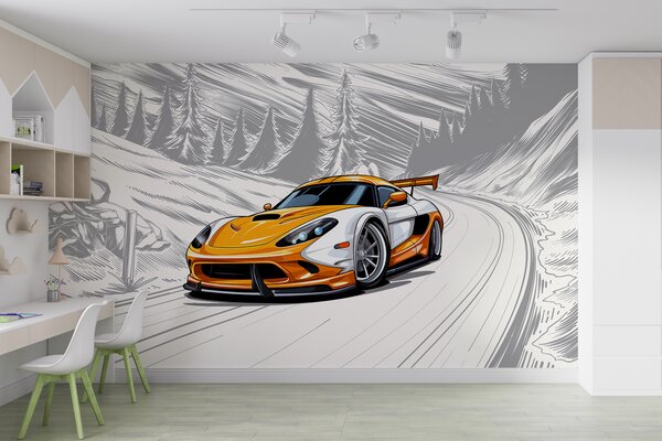 Fototapeta Žlutobílé sportovní auto na zasněžené silnici, Dopravní fototapety, Populární fototapety, w00954 - Tapeko.co.cz