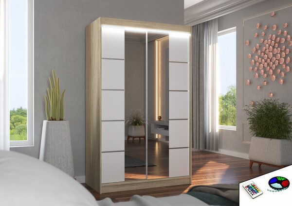 ADRK Šatní zrcadlová skříň posuvná s LED osvětlením GENUA S-W 120 L, bílá/dub sonoma