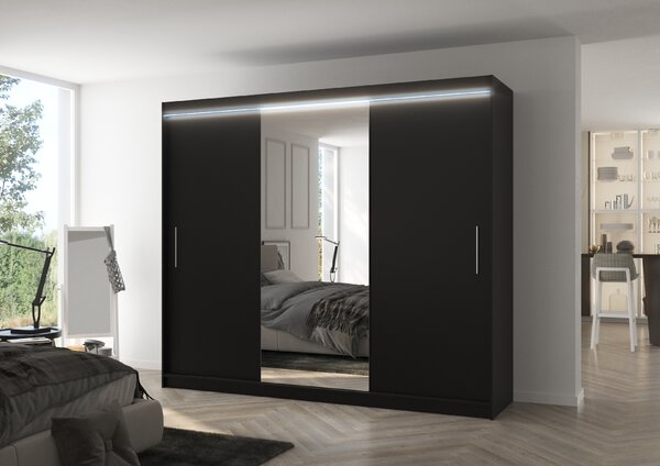 ADRK Šatní zrcadlová skříň posuvná s LED osvětlením DENIS B 250 L, černá