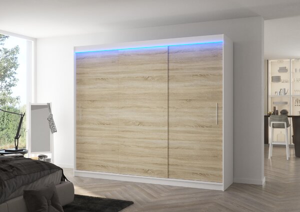 ADRK Šatní skříň posuvná s LED osvětlením ANTOS W-S 250 L, dub sonoma/bílá