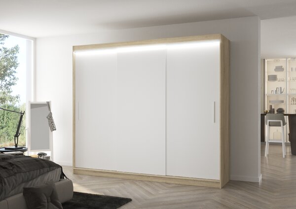 ADRK Šatní skříň posuvná s LED osvětlením ANTOS S-W 250 L, bílá/dub sonoma