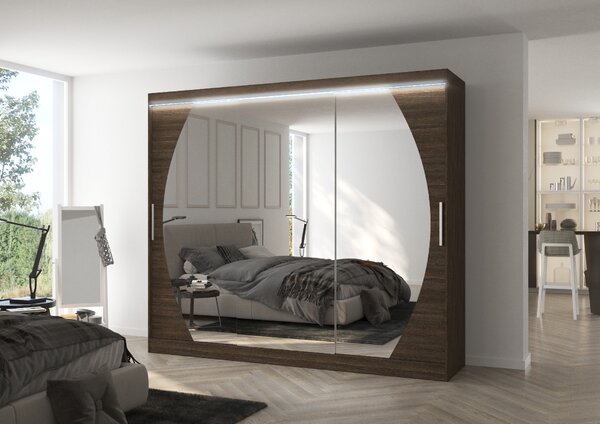 ADRK Šatní zrcadlová skříň posuvná s LED osvětlením CAMBE CH 250 L, choco